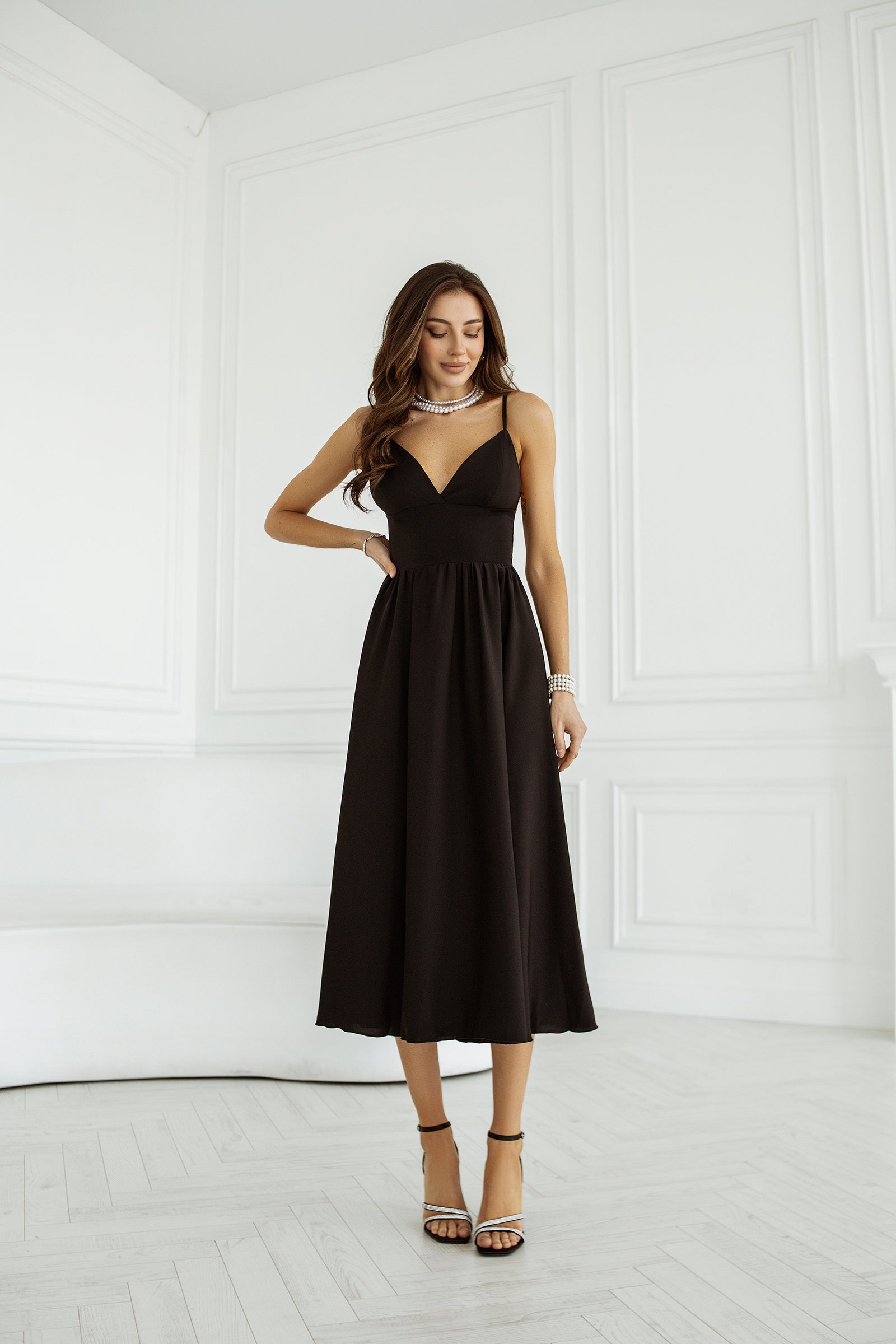 Black V Neck Slip Dress ELAGIA