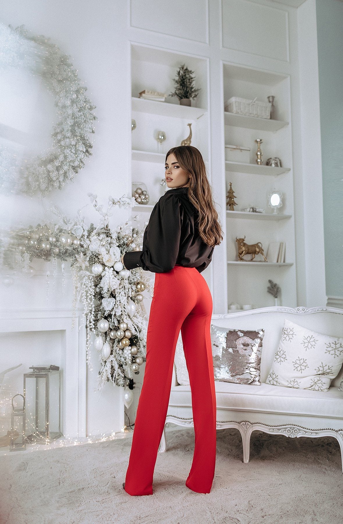 Red High Waist Fitted Flare Pants