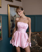 Monica Dusty Pink Satin Strapless Mini Dress - side view | ELAGIA