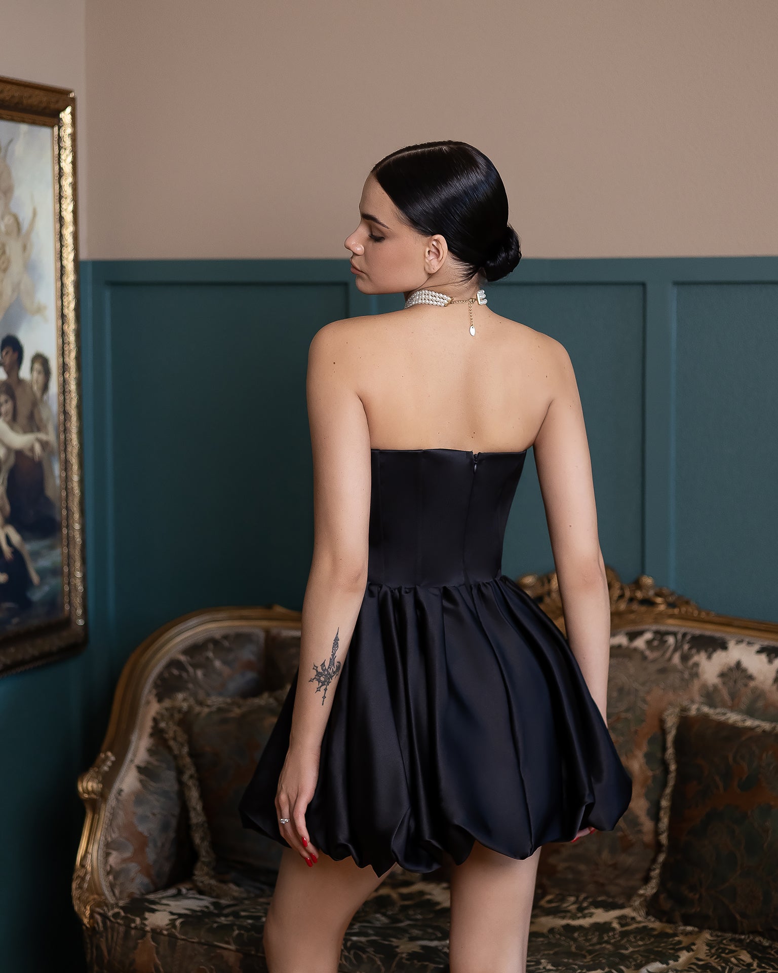 Monica Black Satin Strapless Mini Dress - view 12 | ELAGIA
