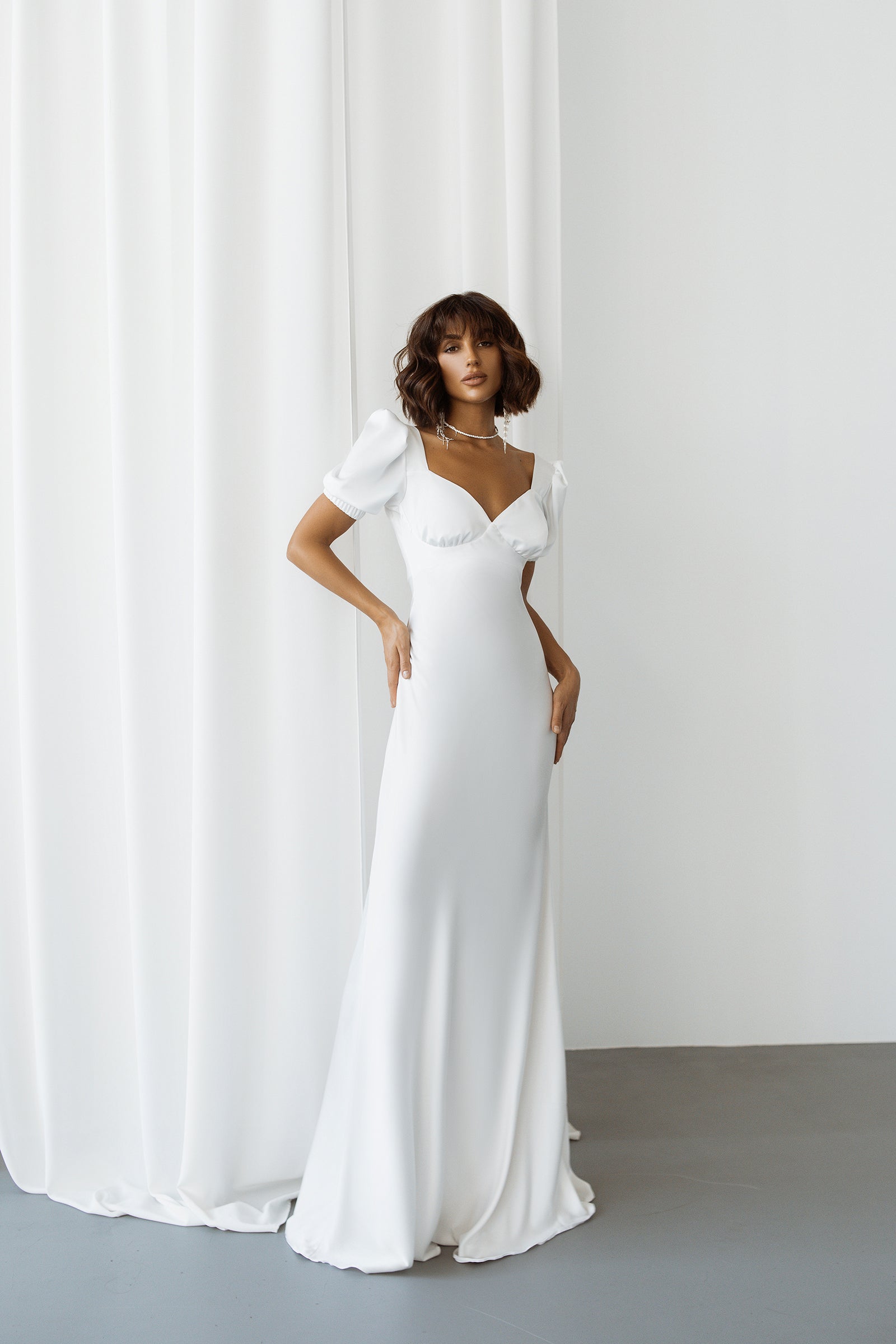 White Satin Puff Sleeve Maxi Dress