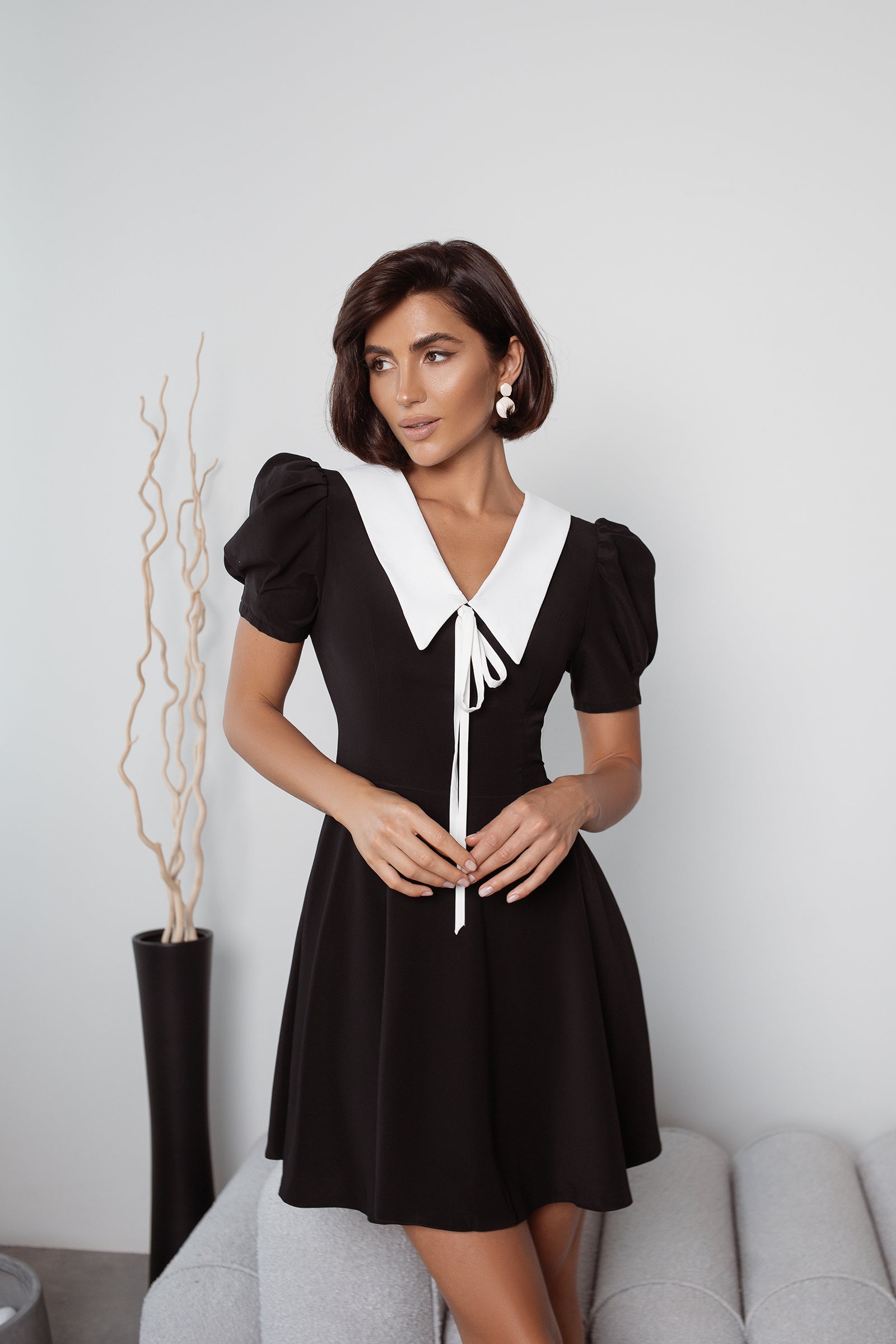 Black Collared Puff Sleeve Mini Dress