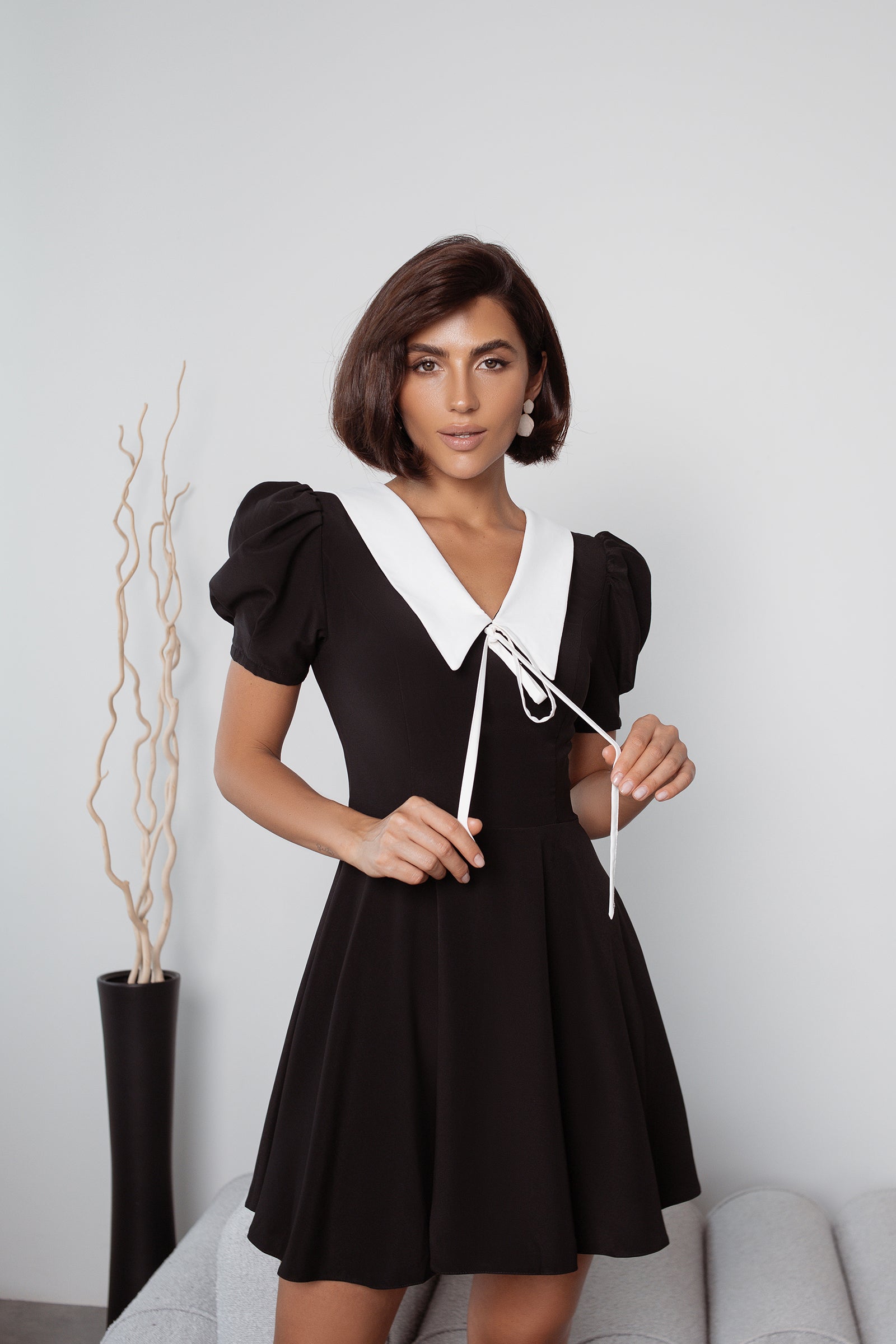 Black Collared Short Sleeve Mini Dress