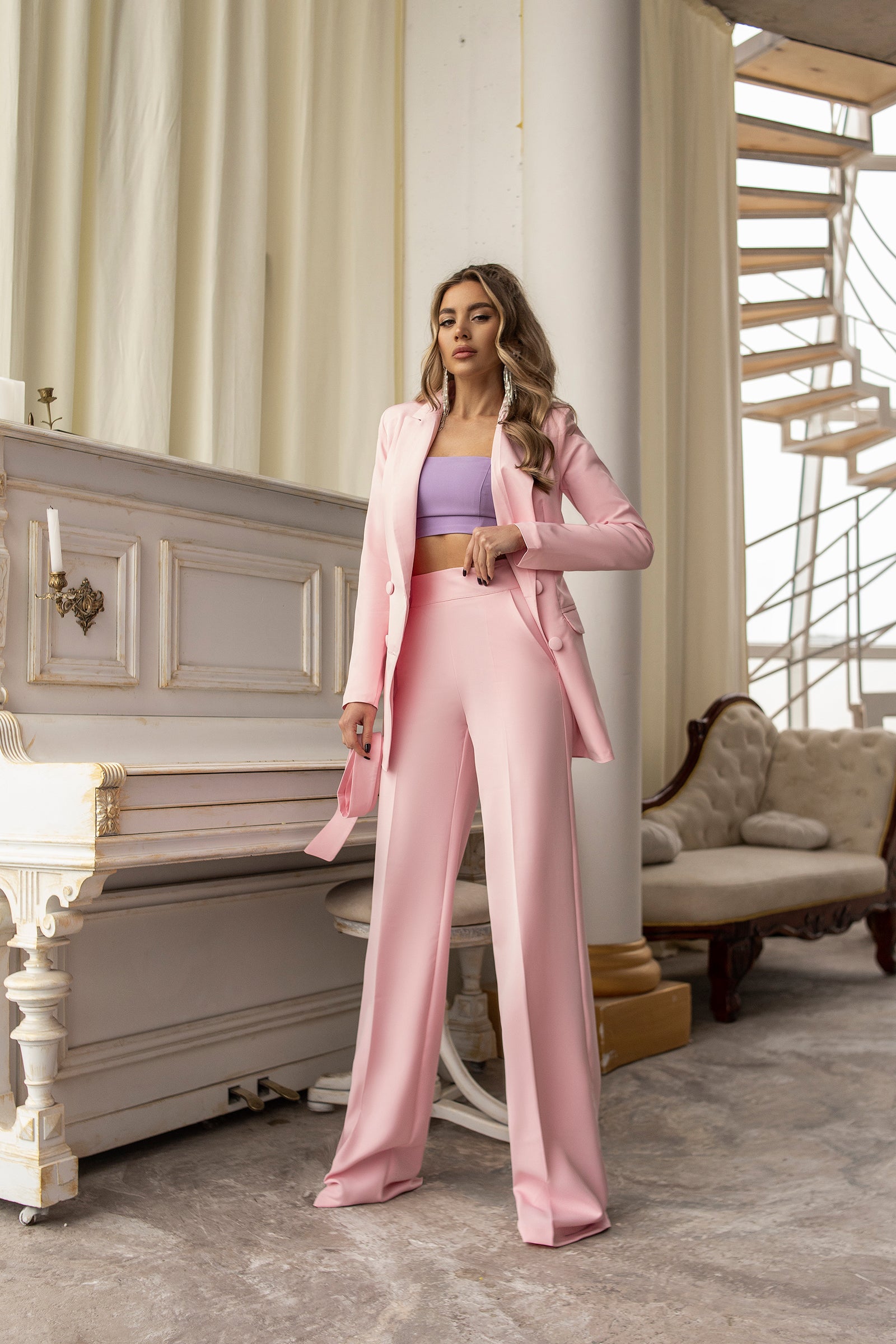 Pink Belted Double Breasted Suit 2 Piece ELAGIA