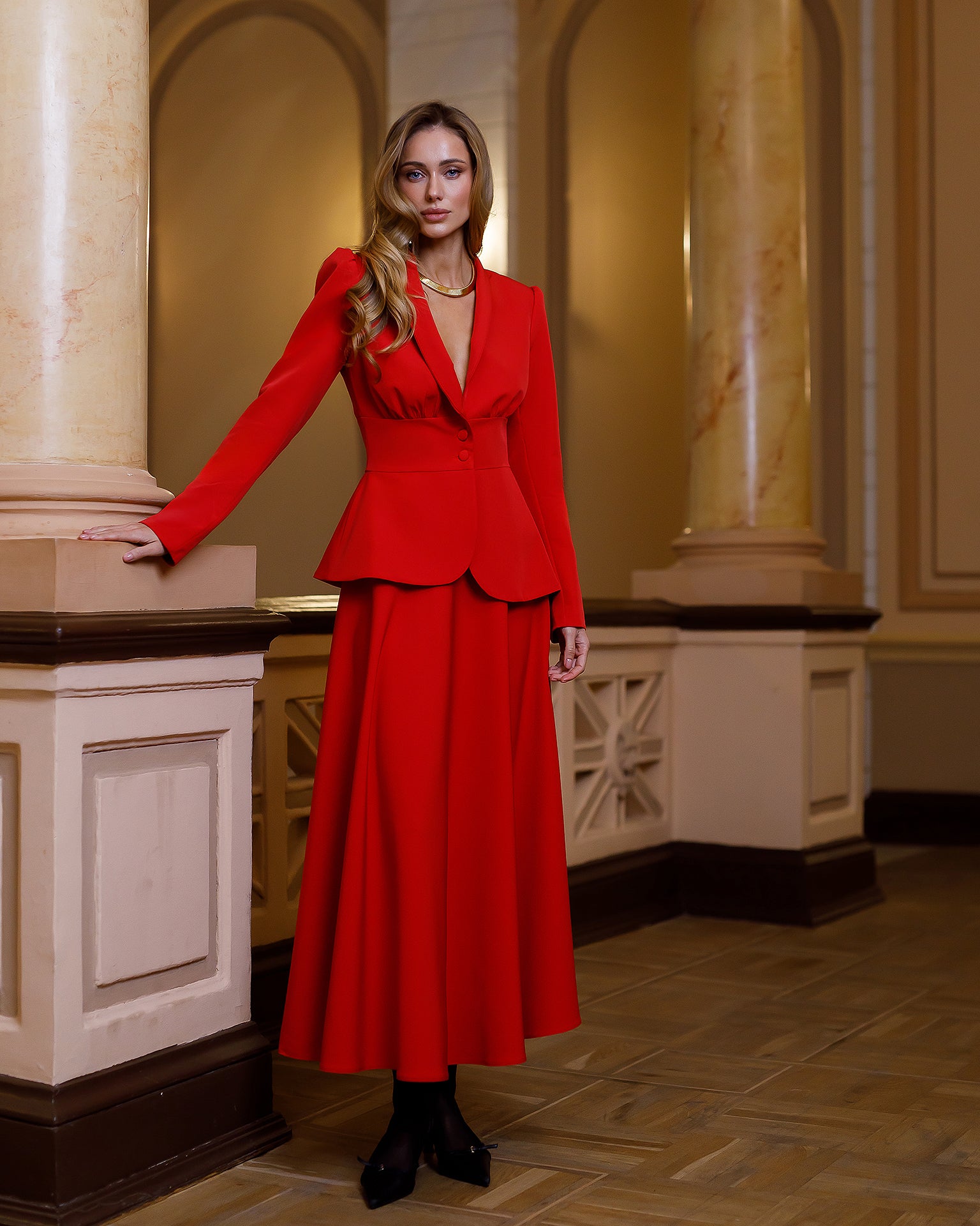 Stella Red Collarless Jacket Midi Skirt Suit 2-Piece - front view | ELAGIA