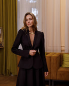 Stella Black Collarless Jacket Midi Skirt Suit 2-Piece - back view | ELAGIA