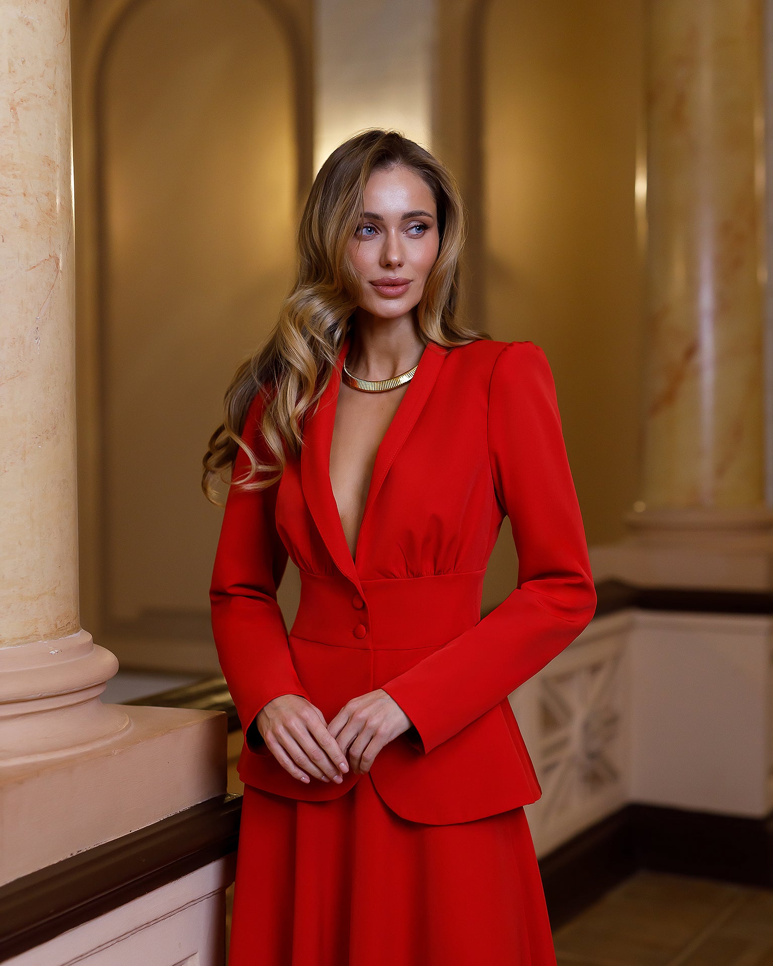 Stella Red Collarless Jacket Midi Skirt Suit 2-Piece - back view | ELAGIA