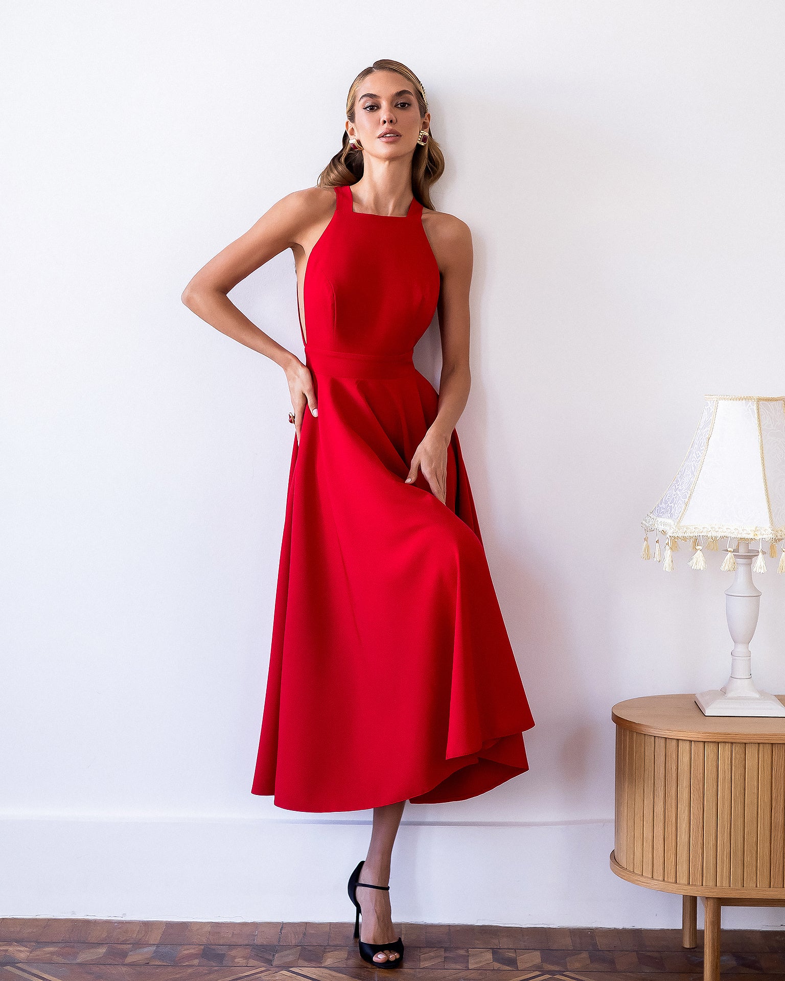 Julie Red Halter Neck Midi – crepe fabric, front view showing full length silhouette