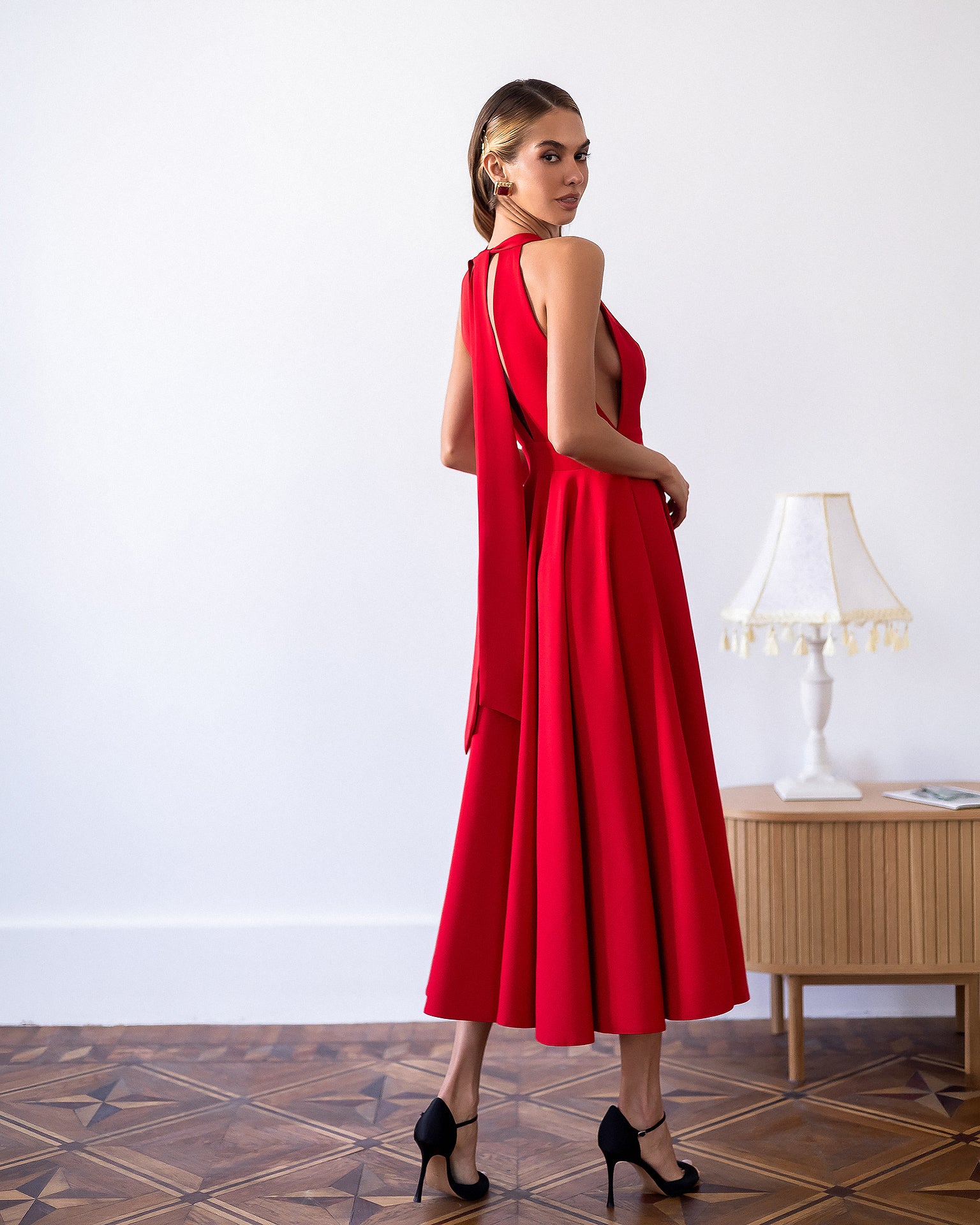 Julie Red Halter Neck Midi – crepe material, back view displaying open back design