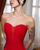 ELAGIA Selina Red Corset Top & High-Slit Maxi Skirt 2-Piece Set high-slit detail - womens red suit set