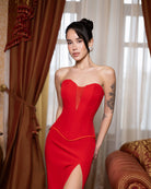 ELAGIA Selina Red Corset Top & High-Slit Maxi Skirt 2-Piece Set corset detail - womens red suit set