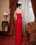ELAGIA Selina Red Corset Top & High-Slit Maxi Skirt 2-Piece Set back view - womens red suit set
