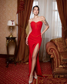 ELAGIA Selina Red Corset Top & High-Slit Maxi Skirt 2-Piece Set front view - womens red suit set