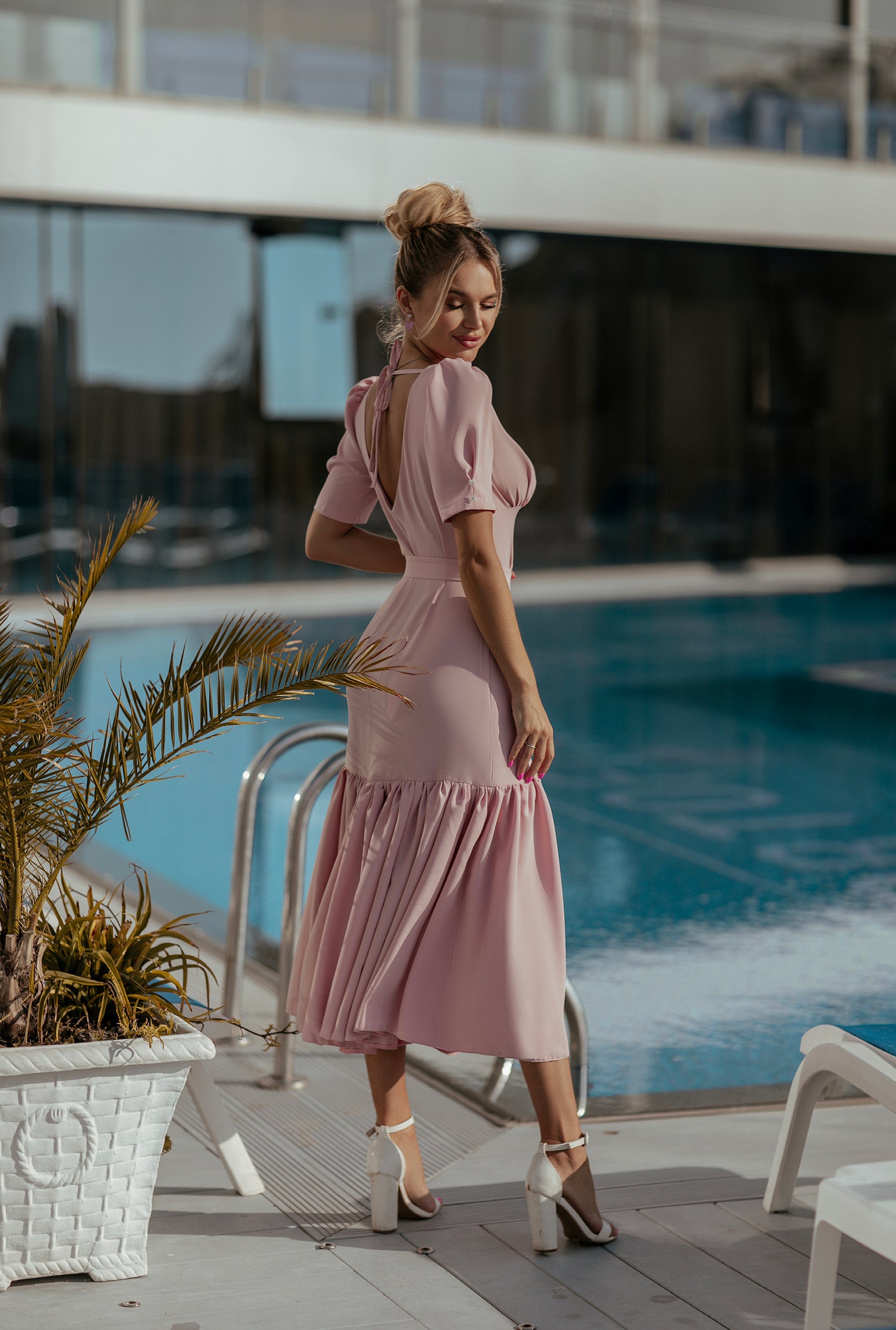 Dusty Pink Puff-Sleeve Belted Midi Dress