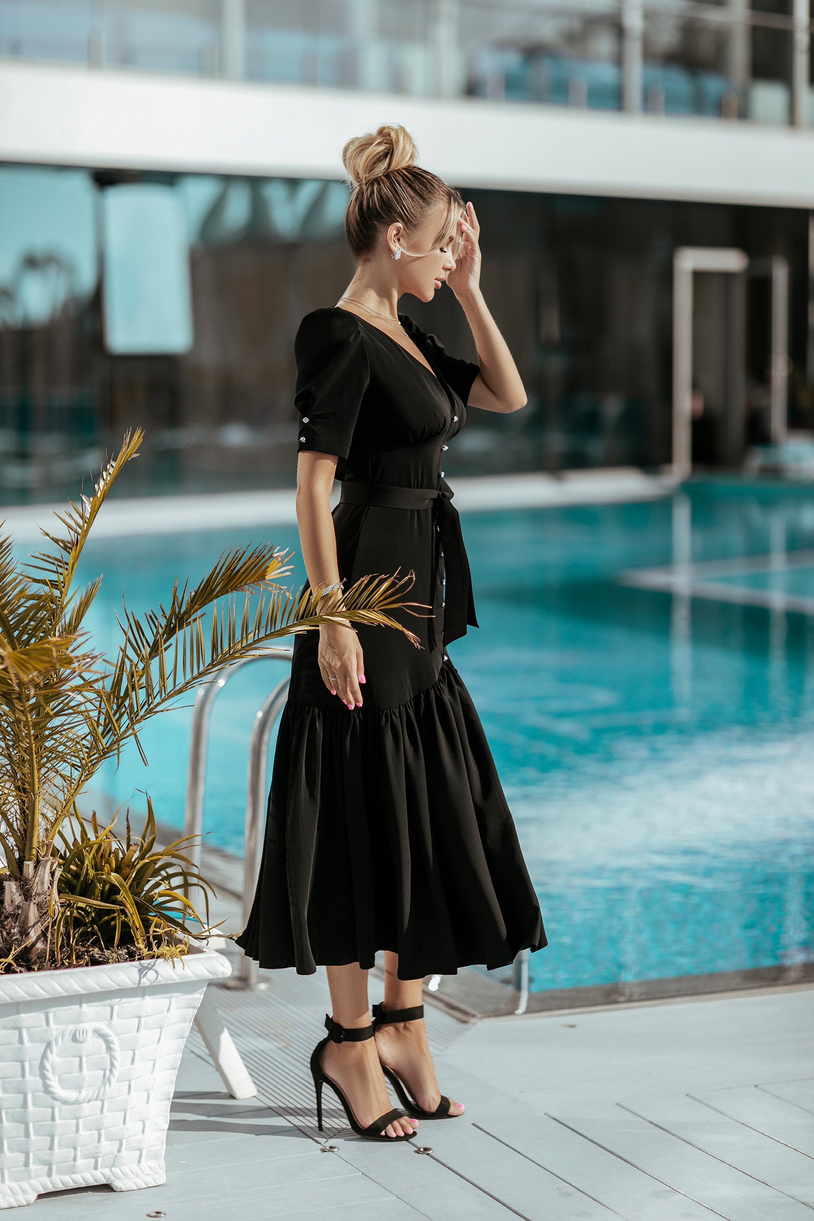 Black Puff-Sleeve Belted Midi Dress
