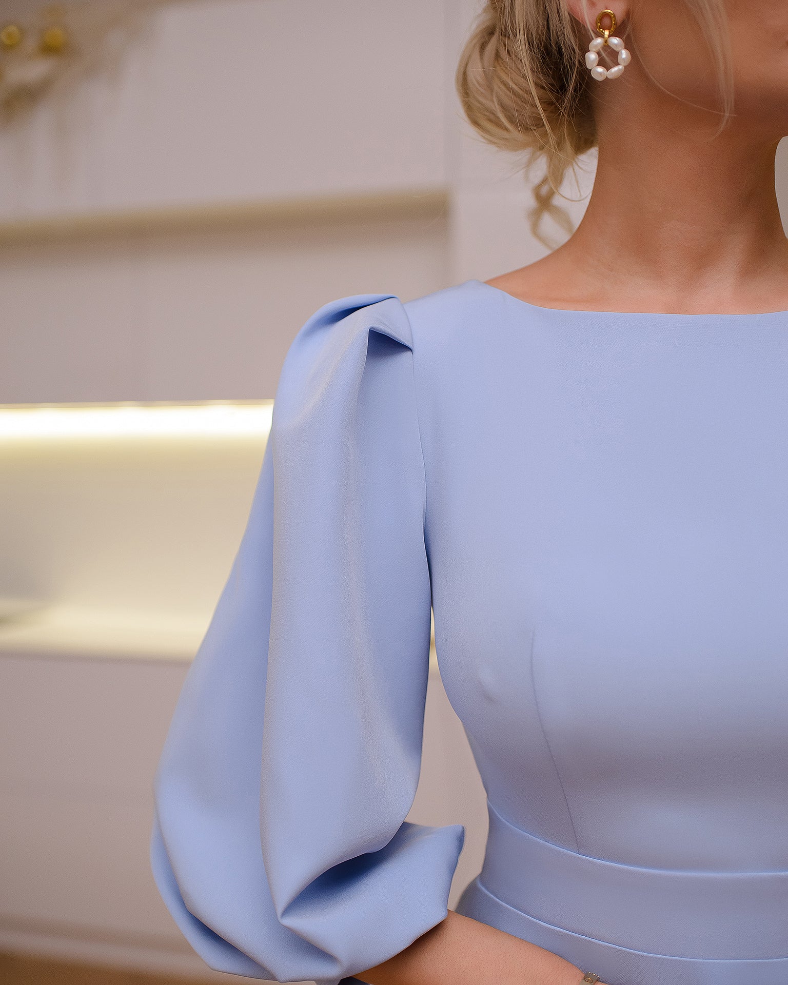 Sky-Blue Backless Puff Sleeve Midi Dress - view 7 | ELAGIA