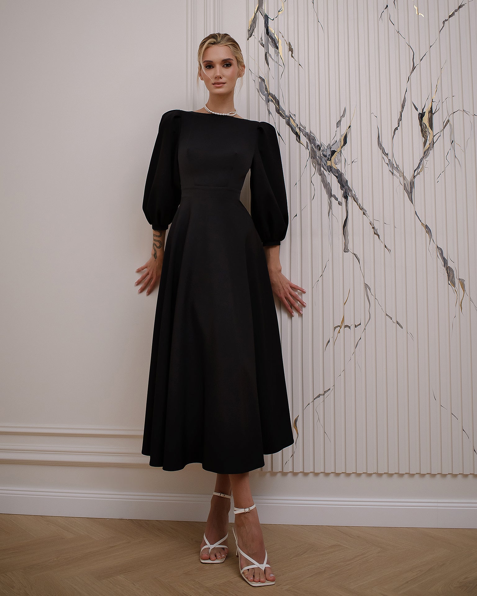 Black Backless Puff Sleeve Midi Dress - styled look | ELAGIA