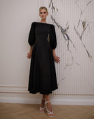 Black Backless Puff Sleeve Midi Dress - styled look | ELAGIA