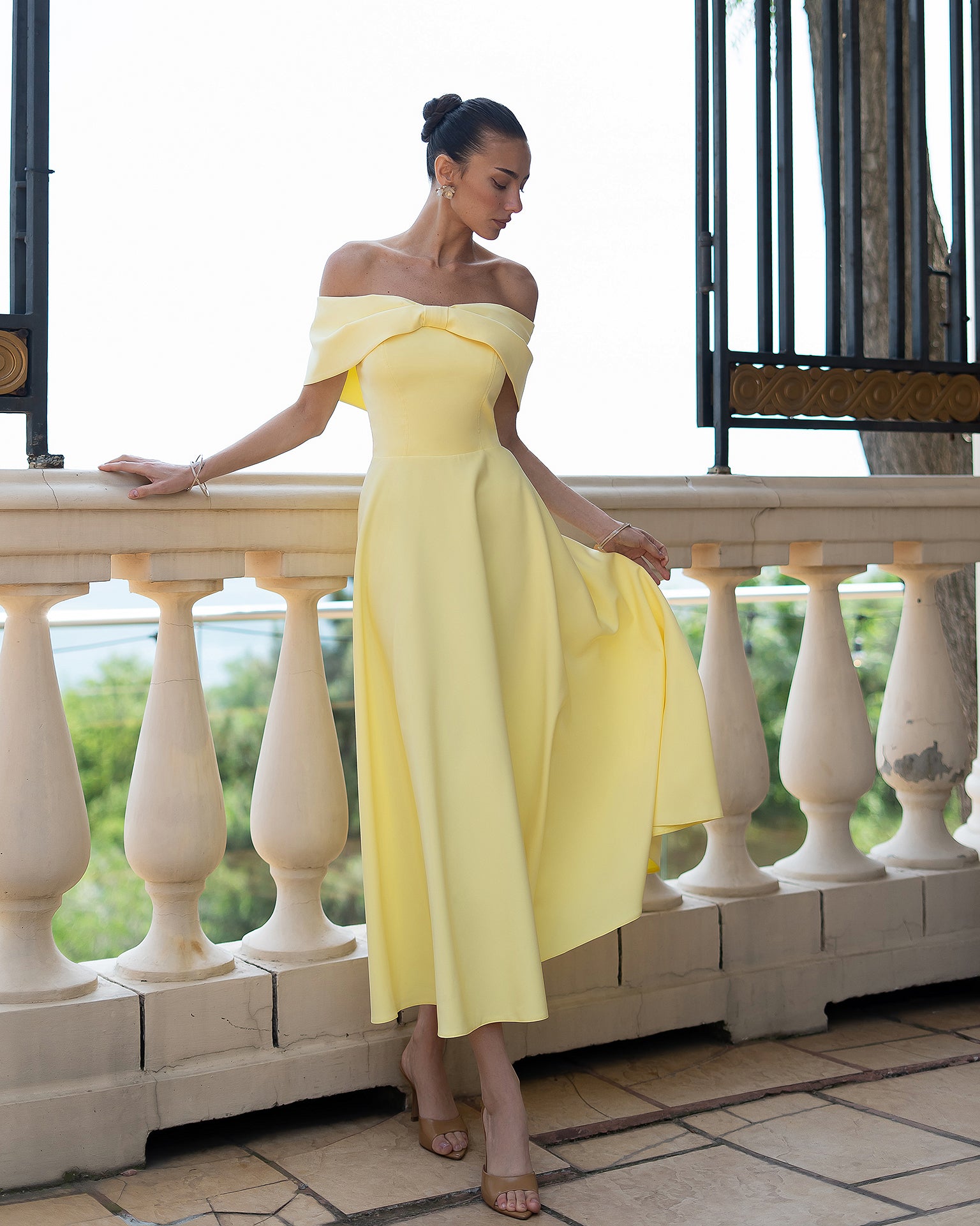 Céline Yellow Off-Shoulder Draped-Bow Midi Dress