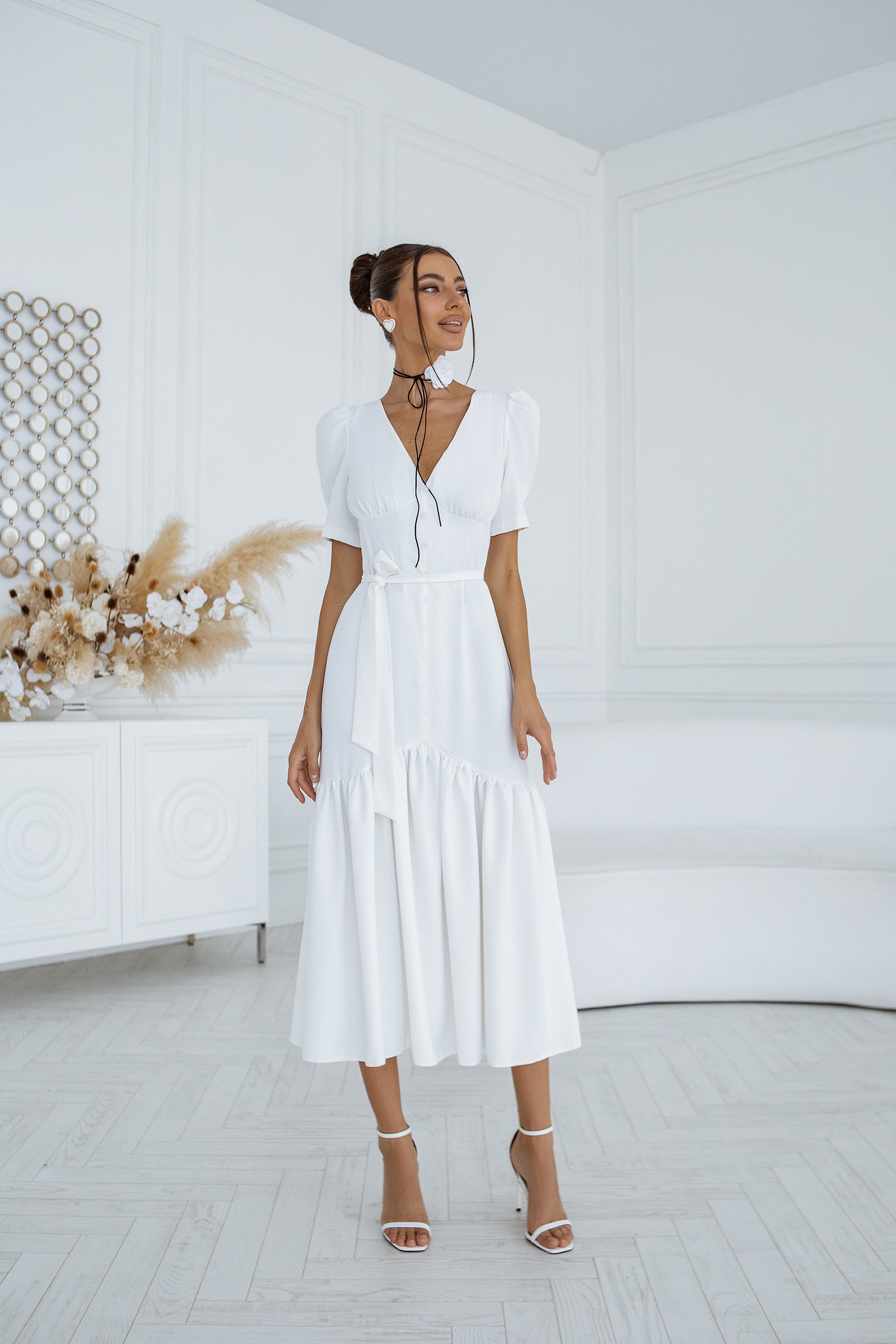 White Puff-Sleeve Belted Midi Dress