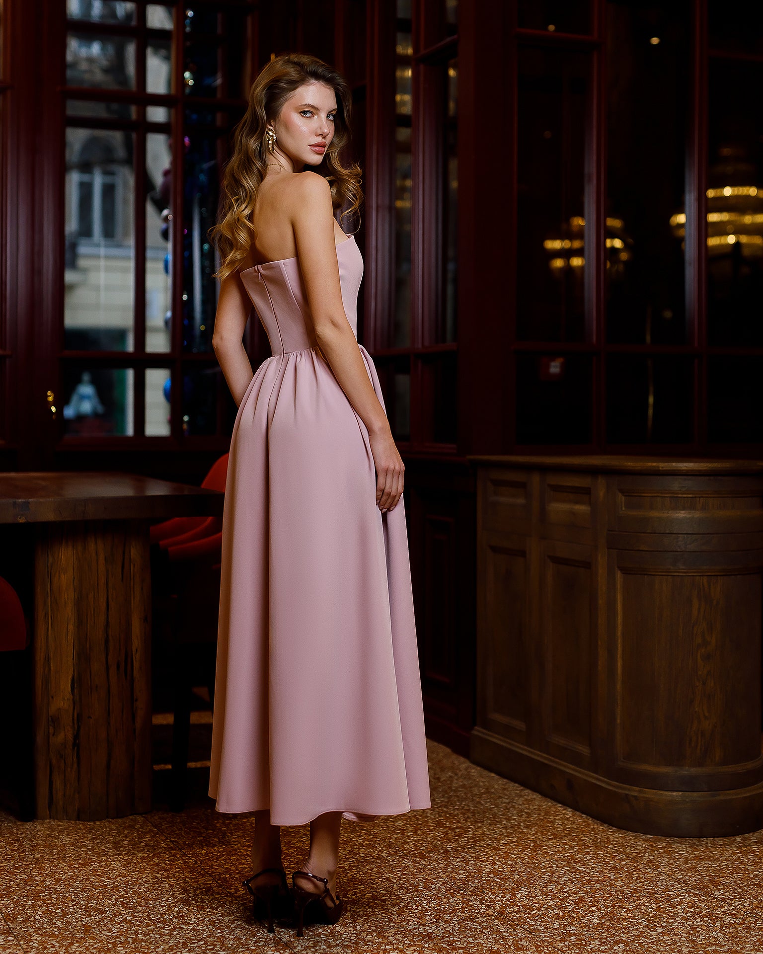 Dusty Pink Strapless Midi Dress - view 6 | ELAGIA