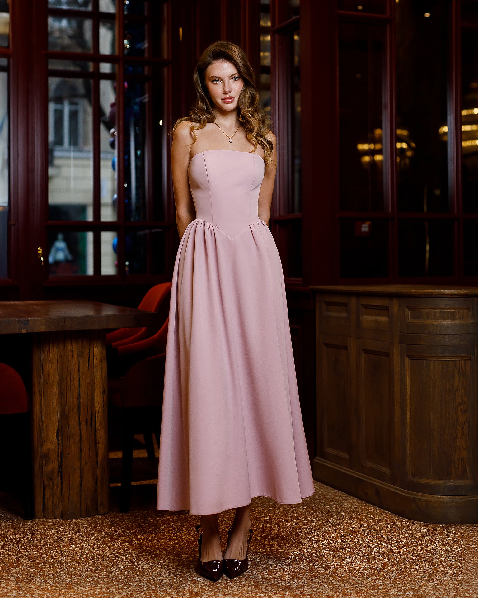 Dusty Pink Strapless Midi Dress - styled look | ELAGIA
