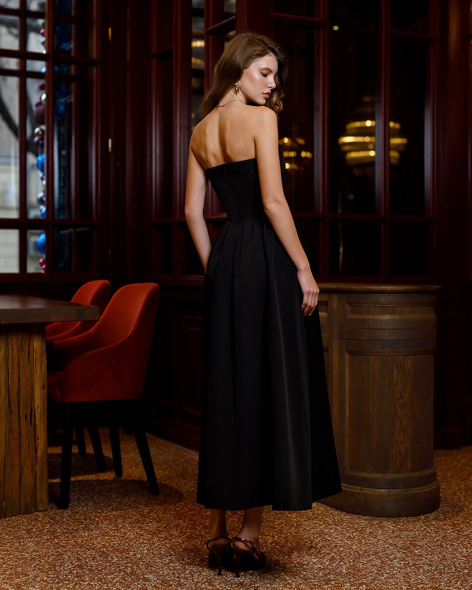 Black Strapless Midi Dress - styled look | ELAGIA
