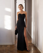 ELAGIA Selina Black Corset Top & High-Slit Maxi Skirt 2-Piece Set front view - 3 piece women's suit womens red suit set