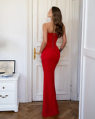 ELAGIA Selina Red Corset Top & High-Slit Maxi Skirt 2-Piece Set hemline detail - womens red suit set