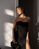 ELAGIA Selina Black Corset Top & High-Slit Maxi Skirt 2-Piece Set close-up detail - 3 piece women's suit womens red suit set