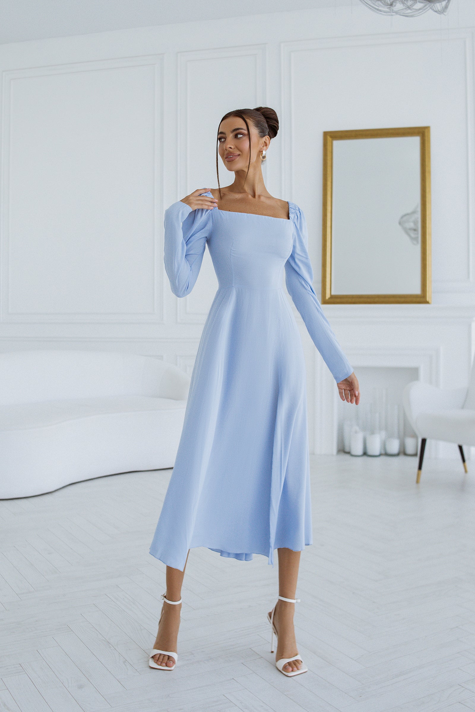 Sky Blue Square Neck Puff-Sleeve Midi Dress