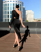Black Satin One-Shoulder Cut-Out Midi Dress - View 8 | ELAGIA