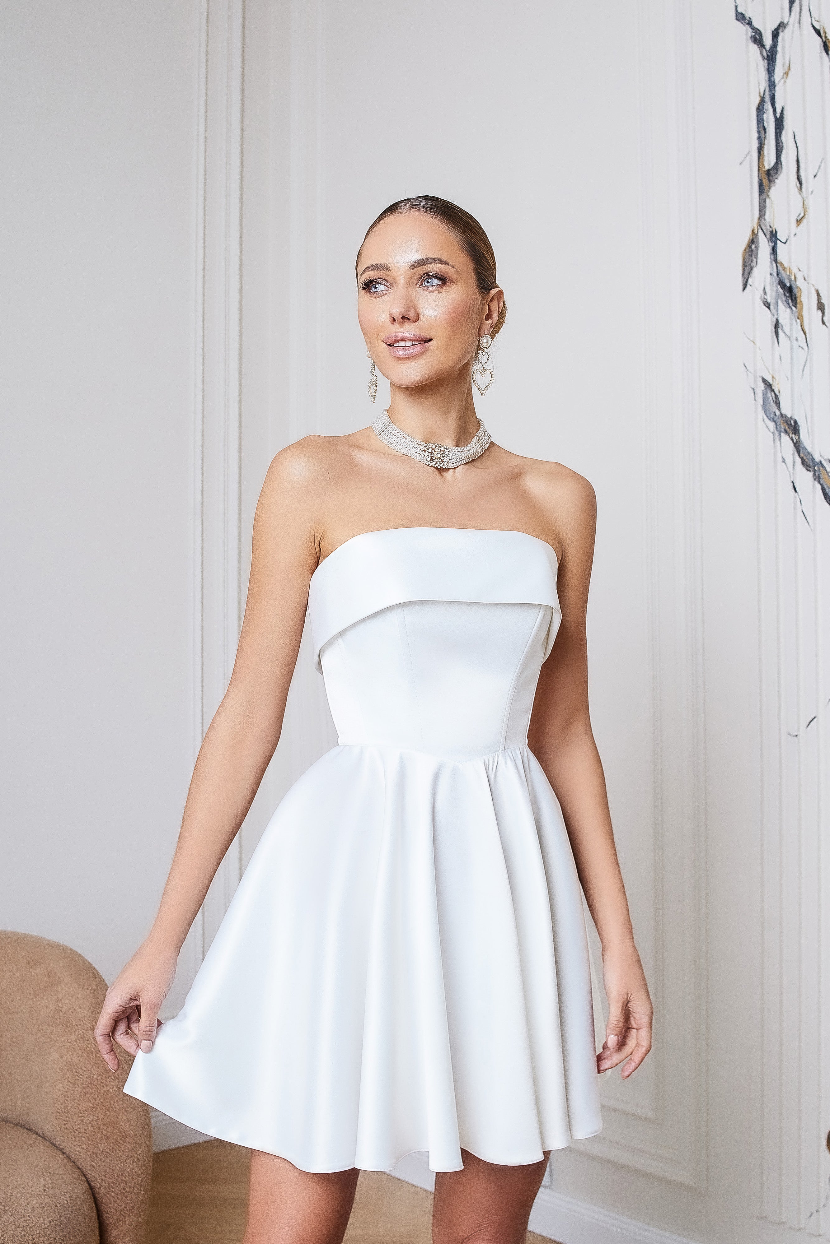 White Satin Strapless Flared Mini Dress