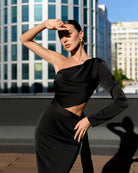 Black Satin One-Shoulder Cut-Out Midi Dress - View 9 | ELAGIA