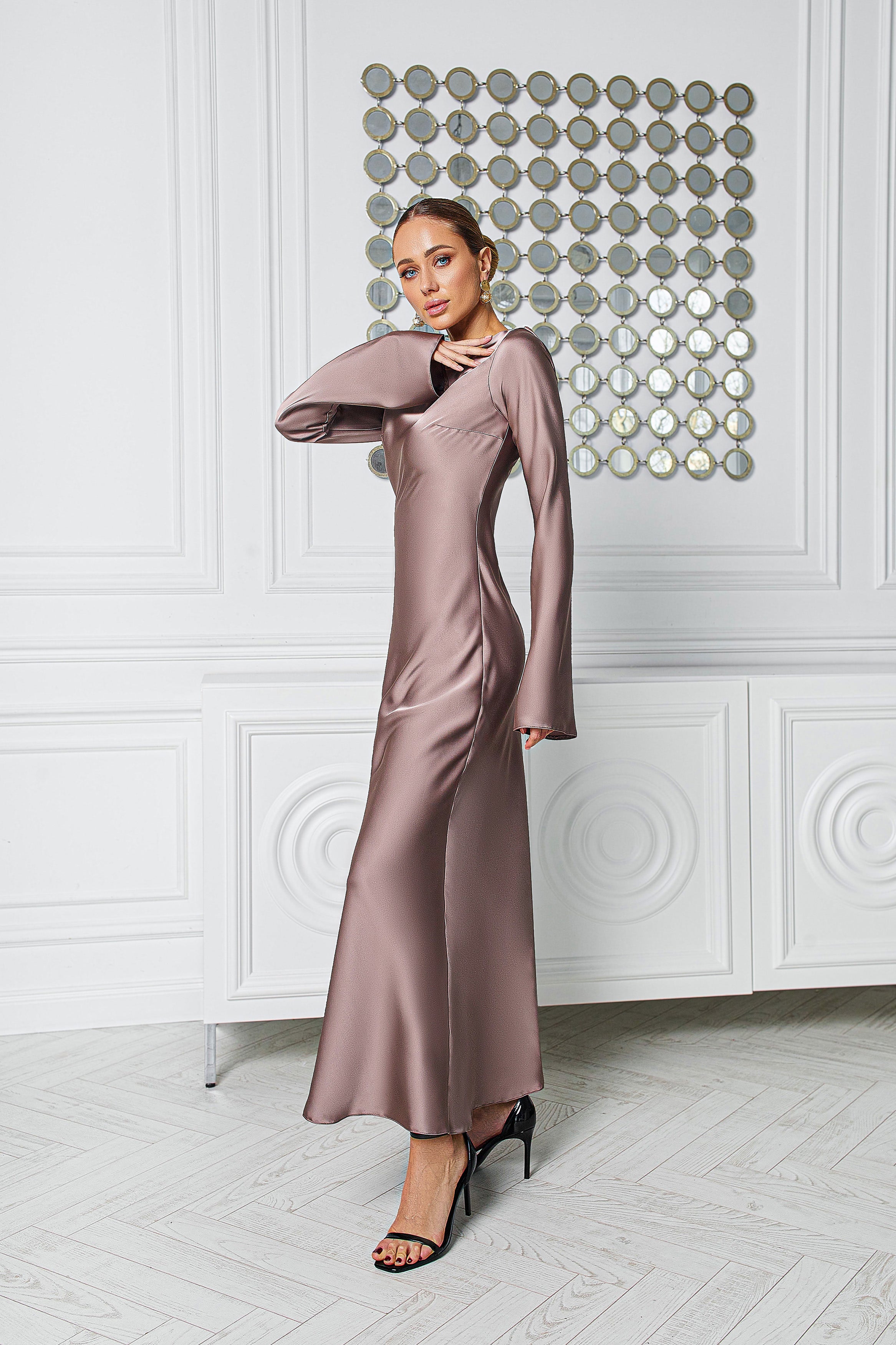 Alexa Mocco Satin Long Sleeve Maxi Dress
