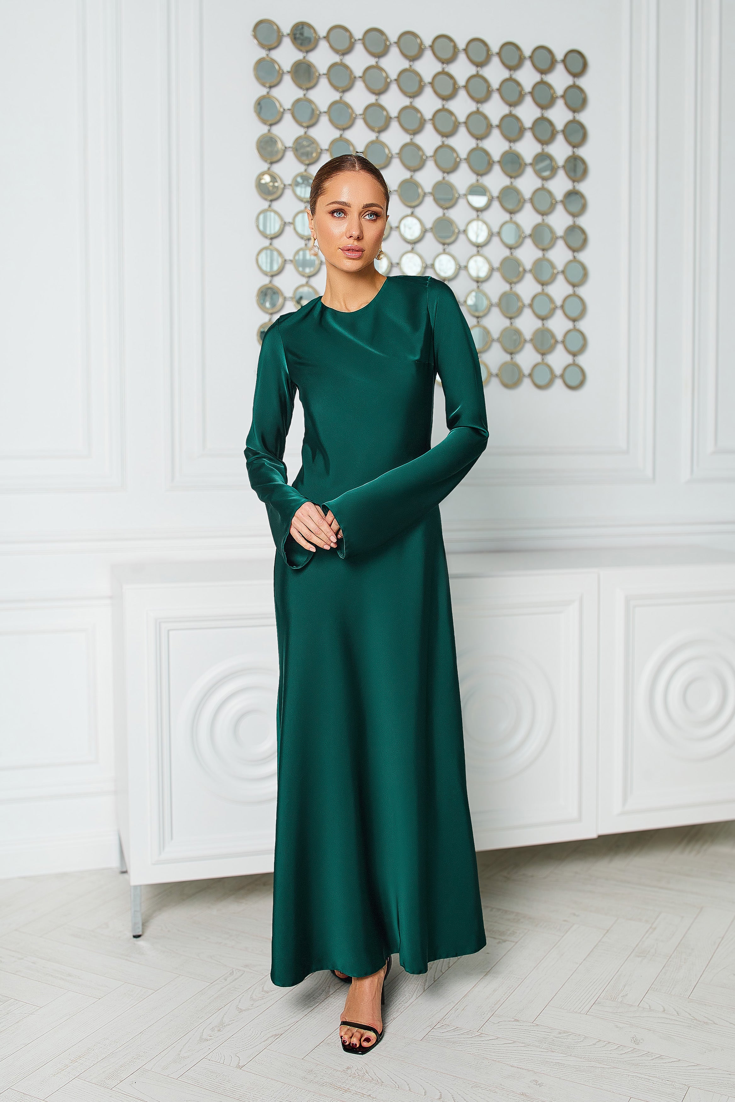 Alexa Emerald Satin Long Sleeve Maxi Dress
