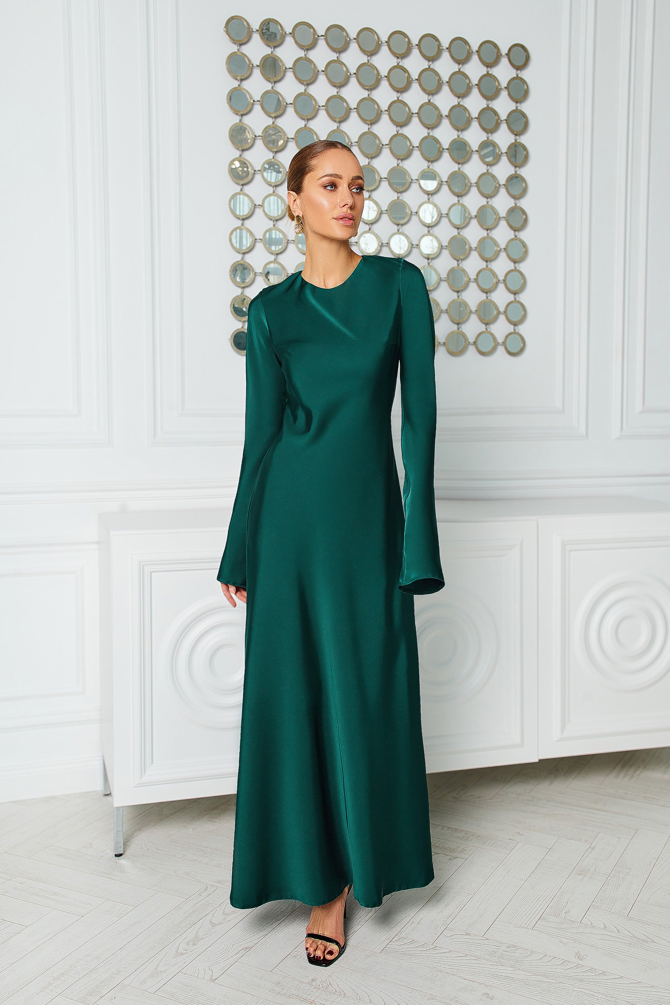 Alexa Emerald Satin Long Sleeve Maxi Dress