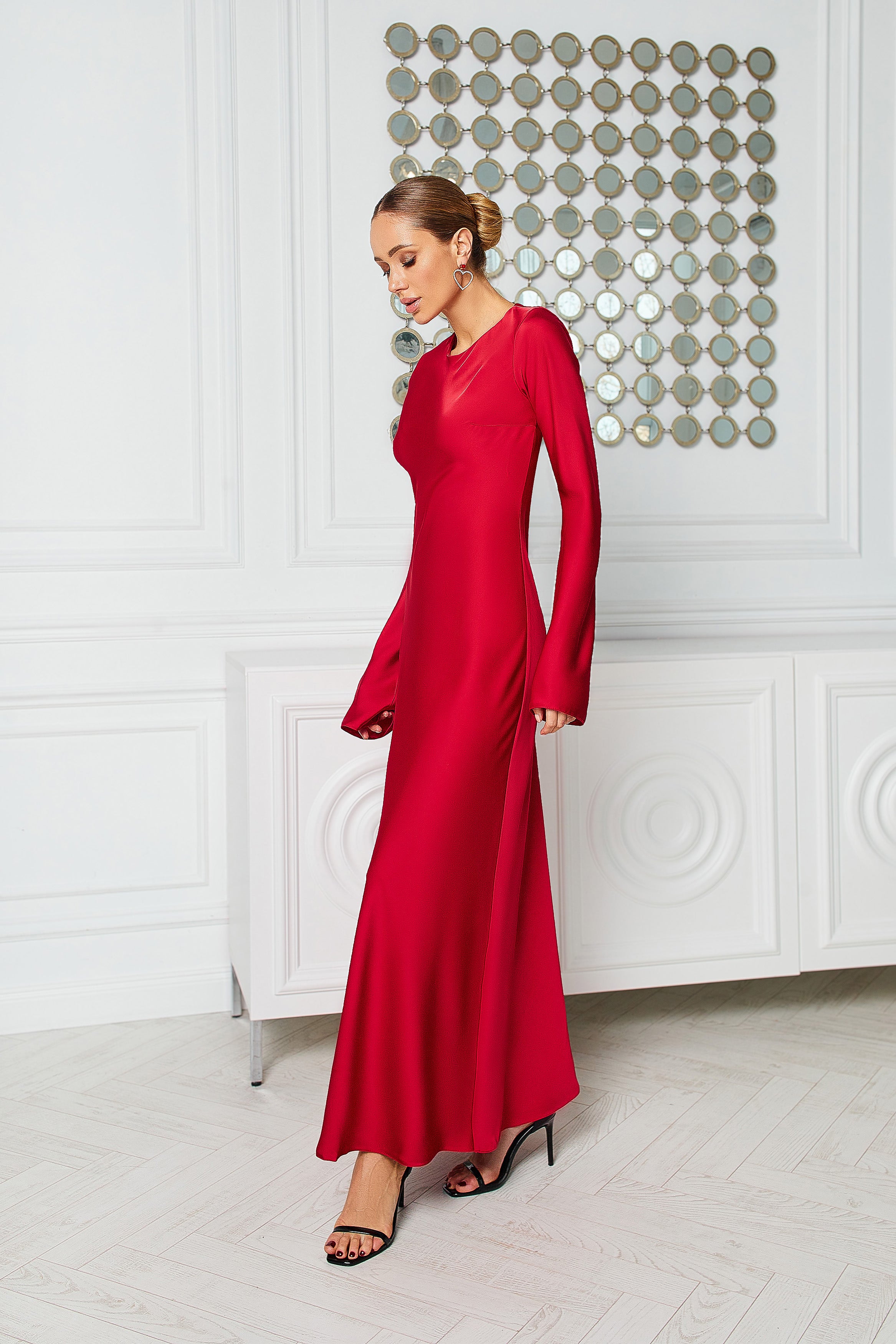 Alexa Red Satin Long Sleeve Maxi Dress