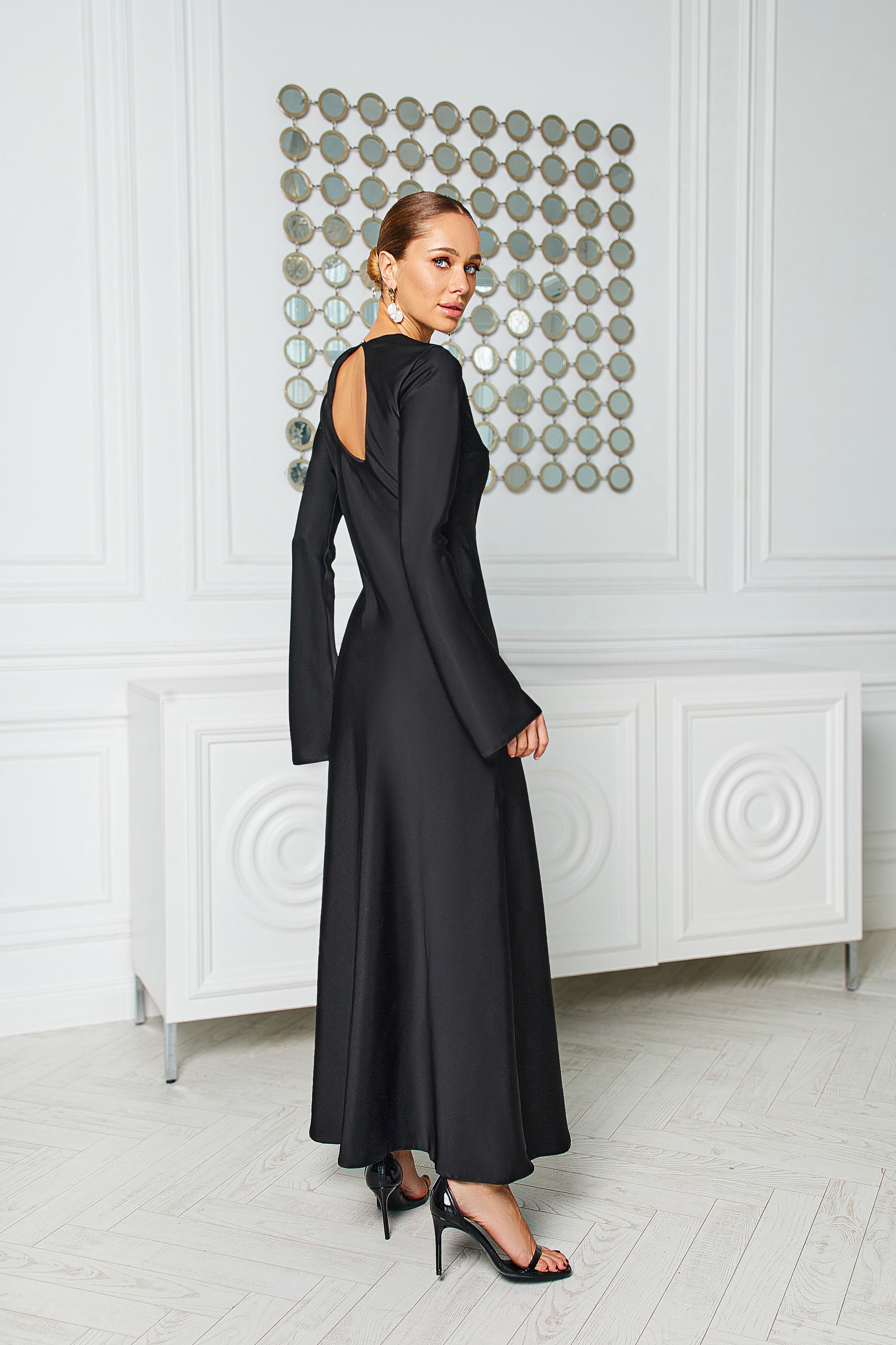 Alexa Black Satin Long Sleeve Maxi Dress
