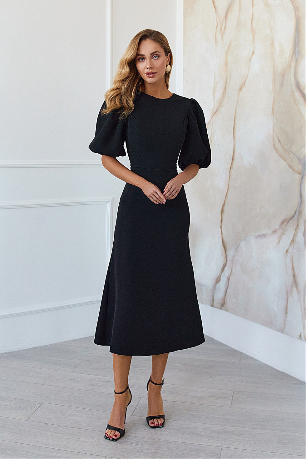 Black Puff Sleeve Midi Dress