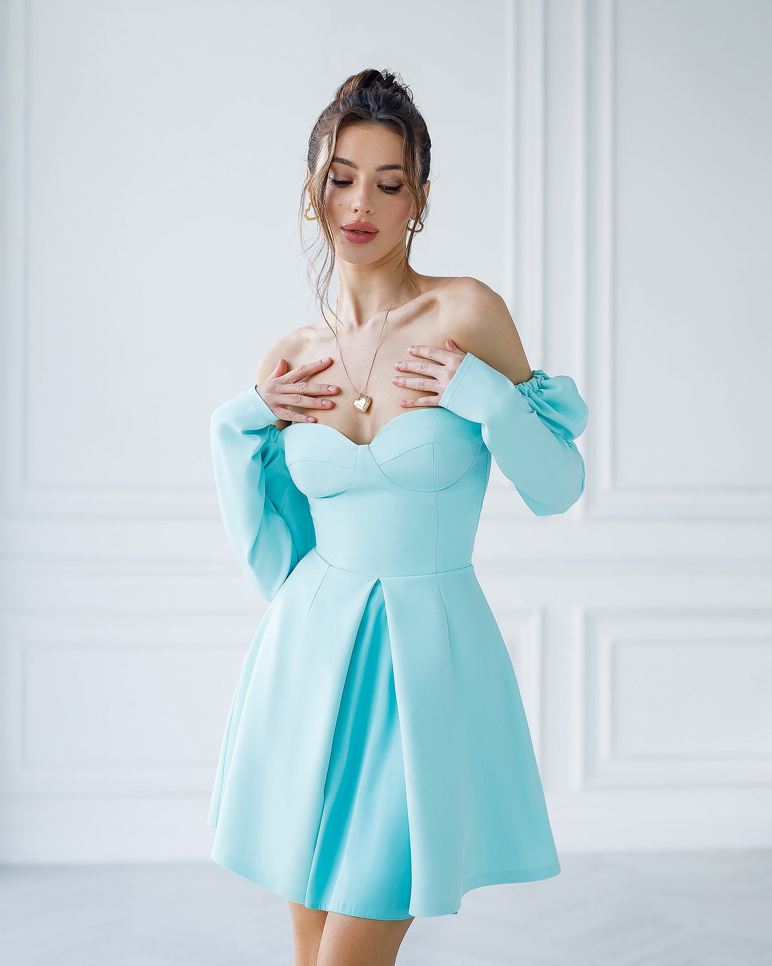Tiffany-Blue Sweetheart Puff-Sleeve Mini Dress