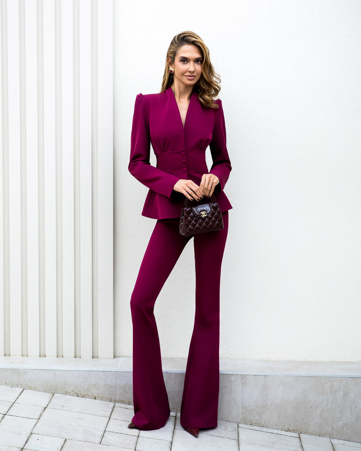 Ilaria Bordeaux V-Neck Single-Breasted Suit 2-Piece