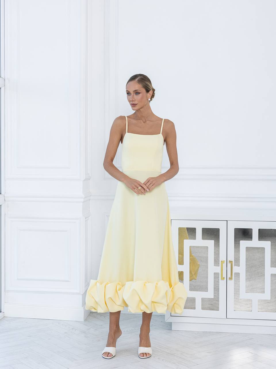 Léonie Yellow Spaghetti Strap Gathered-Hem Midi Dress