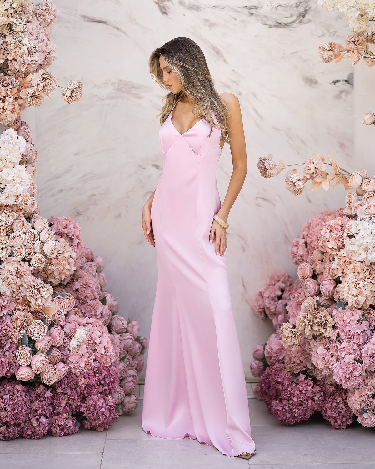 Clémence Pink Satin V-Neck Open-Back Maxi Dress