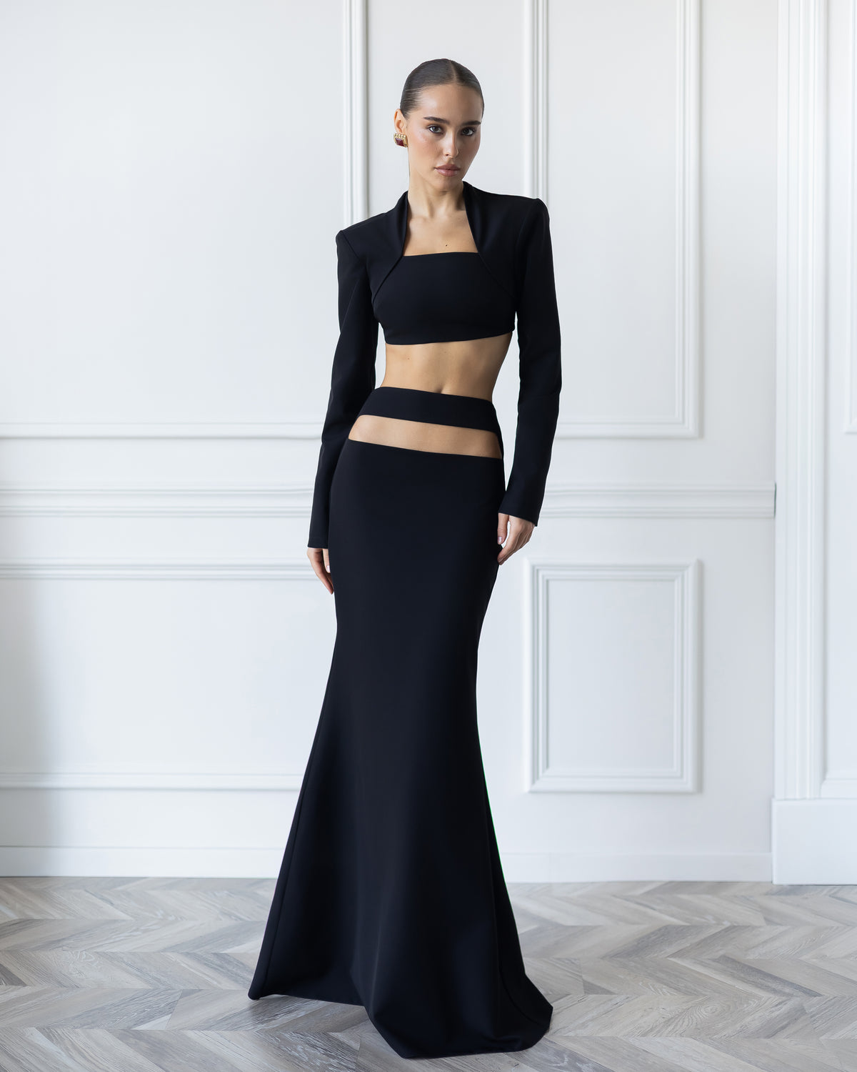 Elettra Black Cut-Out Long-Sleeve Top & Maxi Skirt 2-Piece Set