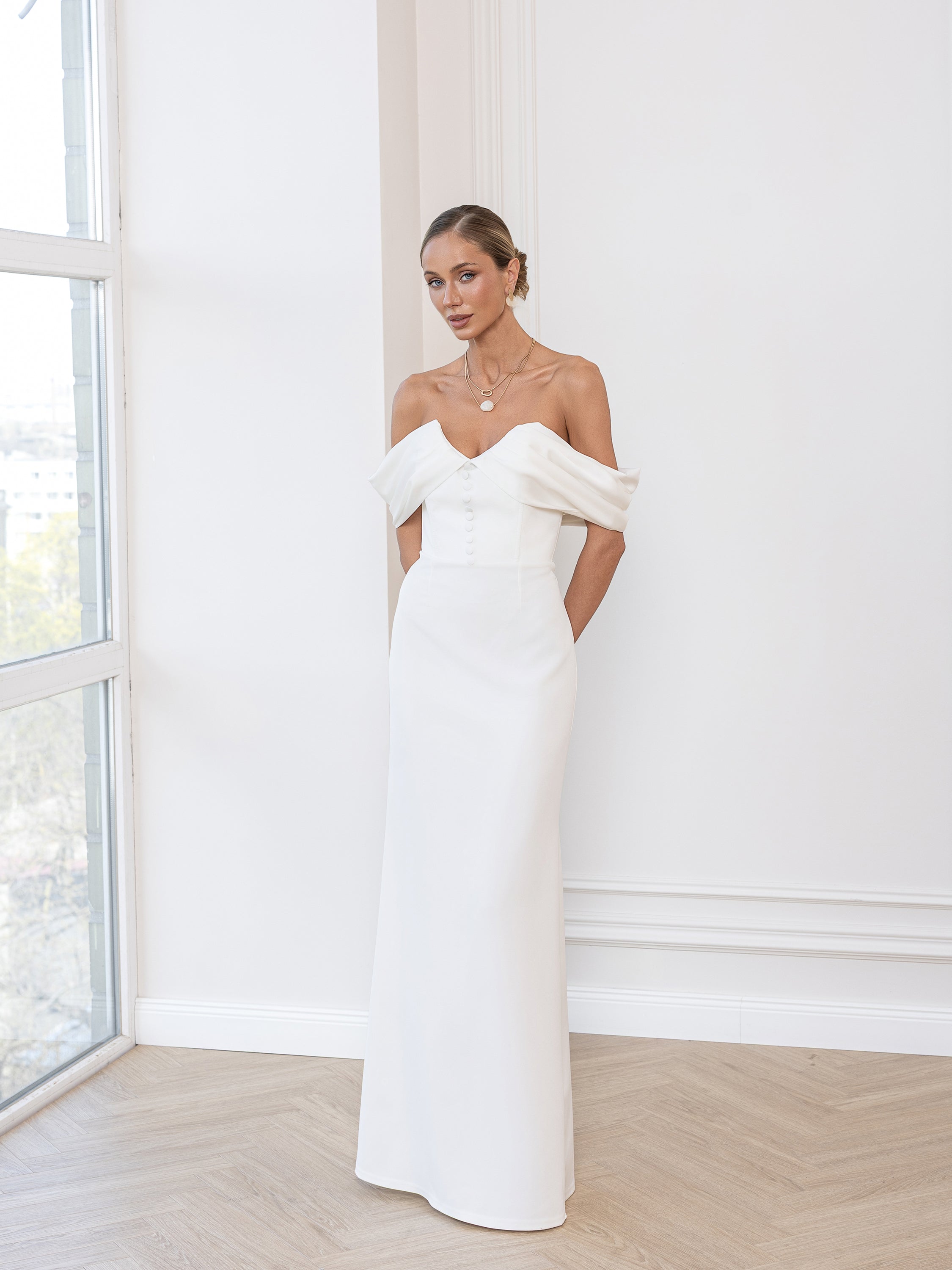 Sabine White Off-The-Shoulder Draped Maxi Dress