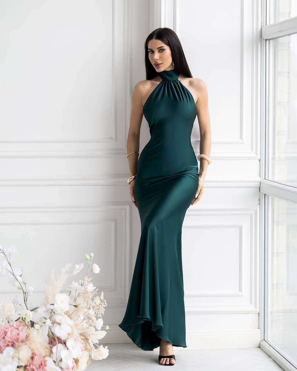 Céline Green Satin Open-Back Halter Mermaid Maxi Dress