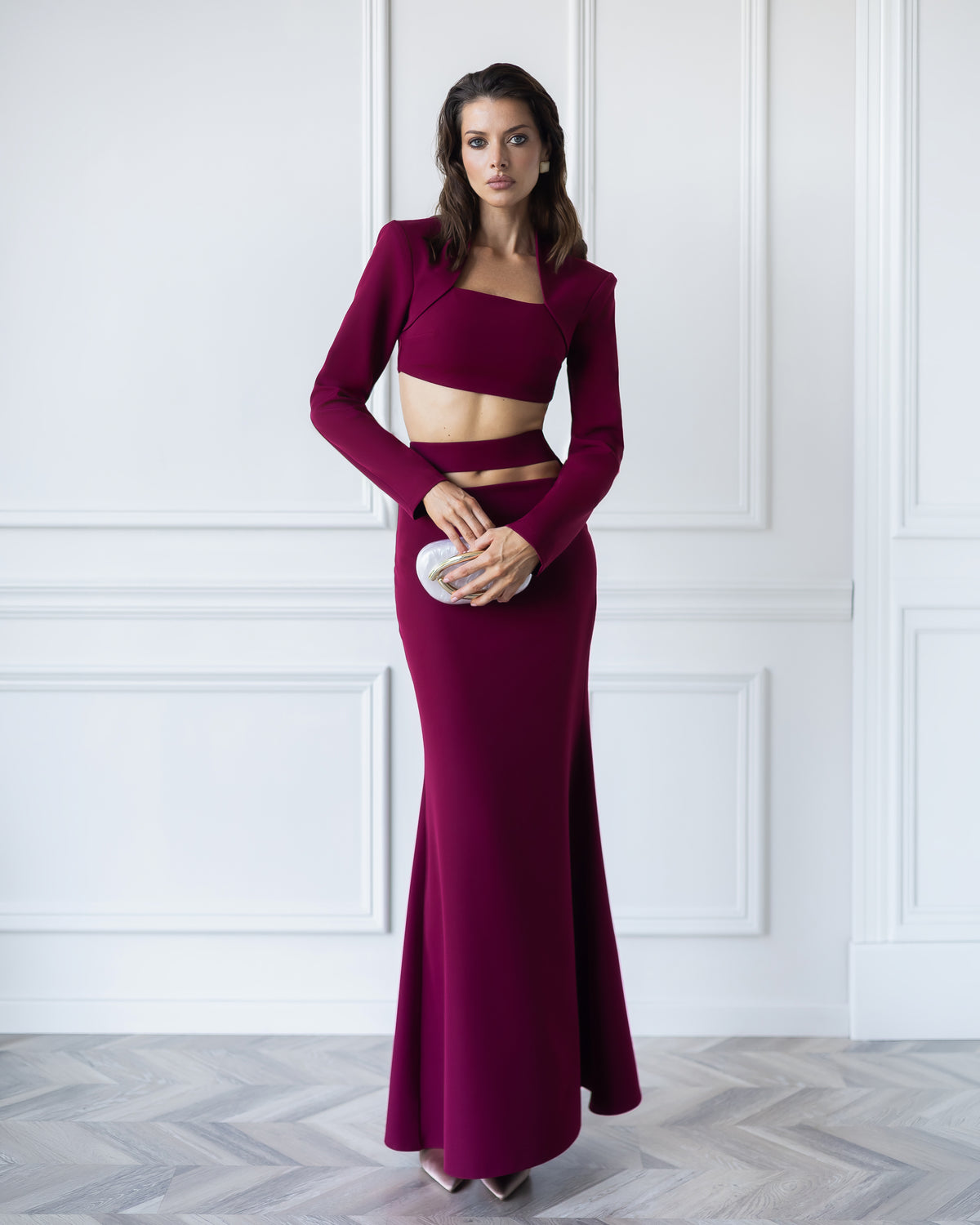 Elettra Bordeaux Cut-Out Long-Sleeve Top & Maxi Skirt 2-Piece Set