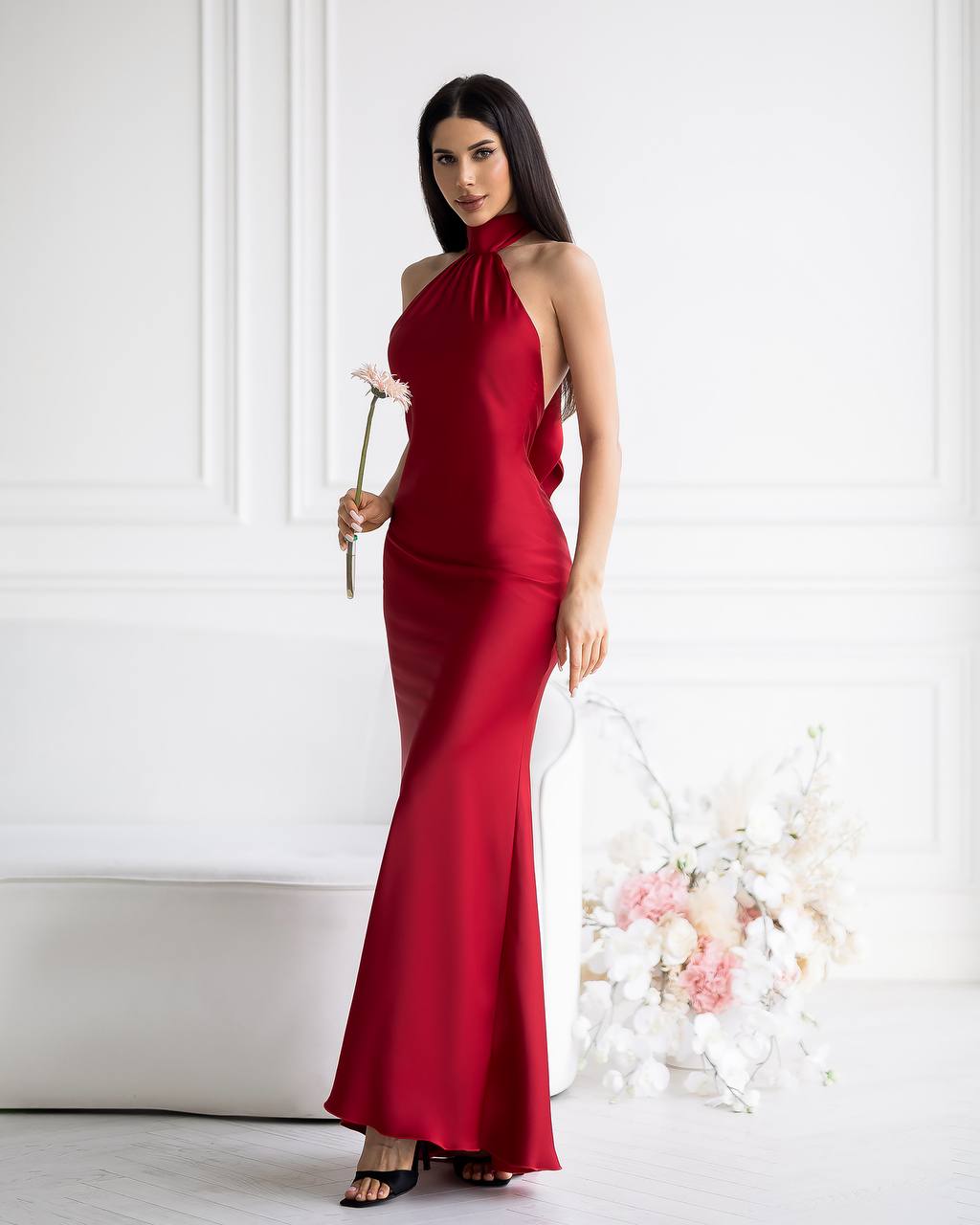 Céline Red Satin Open-Back Halter Mermaid Maxi Dress