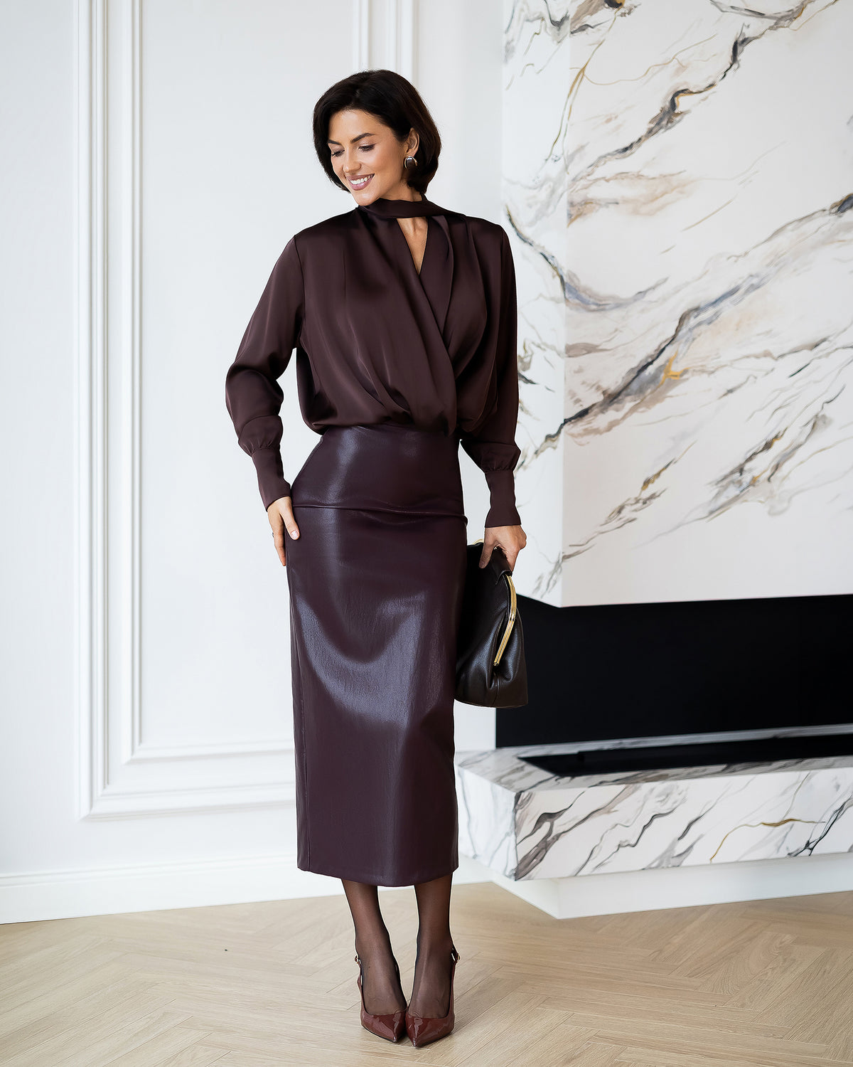 Yvette Brown Satin V-Neck Long-Sleeve Blouse